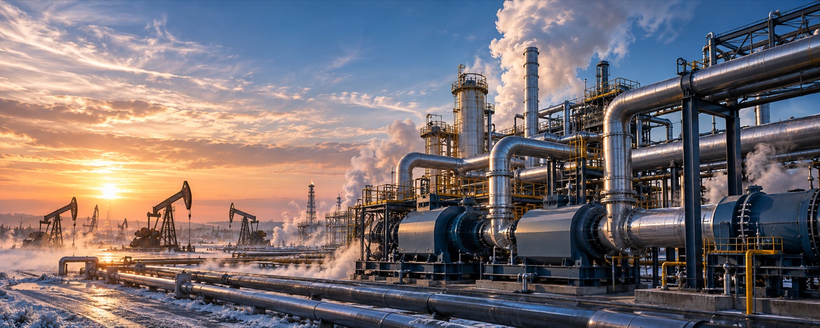 Промышленный комплекс с трубопроводами и нефтедобывающим оборудованием